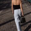 Blugi cu talie joasă și croi Wide Leg, cu strasuri