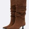 Cizme din piele slouchy cu toc mic, cu talpă moale
