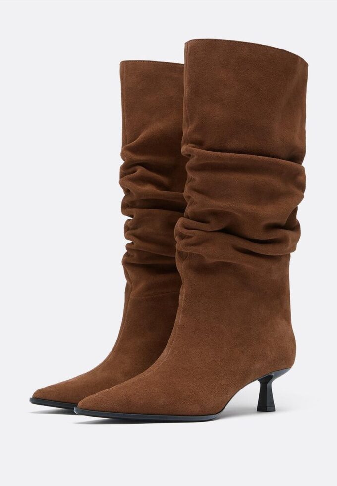 Cizme din piele slouchy cu toc mic, cu talpă moale