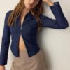 Cămașă din denim bengalină, ajustată, cu fermoar dublu Cămașă din denim bengalină, ajustată, cu fermoar dublu