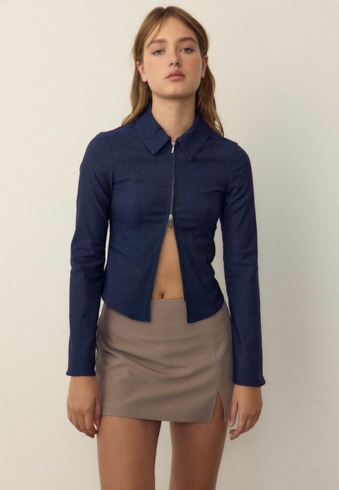 Cămașă din denim bengalină, ajustată, cu fermoar dublu Cămașă din denim bengalină, ajustată, cu fermoar dublu