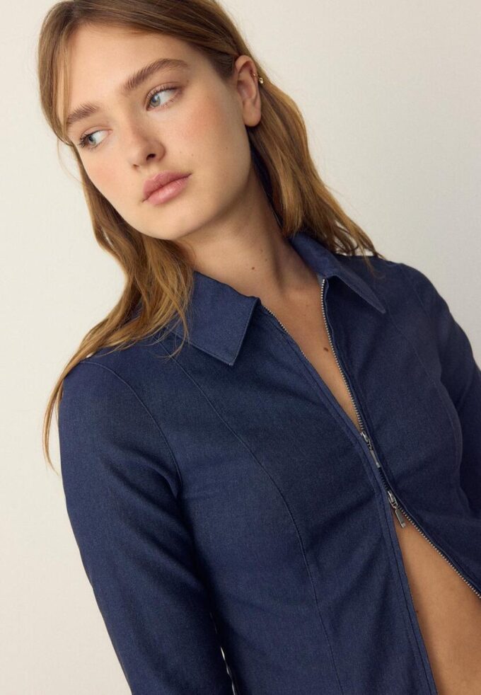 Cămașă din denim bengalină, ajustată, cu fermoar dublu Cămașă din denim bengalină, ajustată, cu fermoar dublu