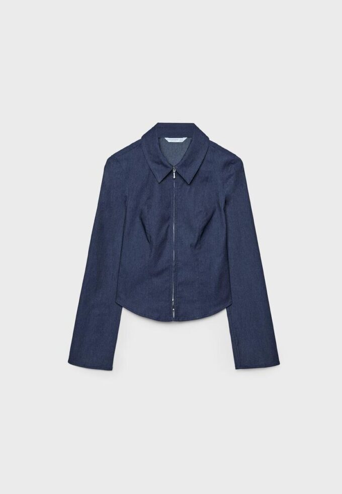 Cămașă din denim bengalină, ajustată, cu fermoar dublu Cămașă din denim bengalină, ajustată, cu fermoar dublu
