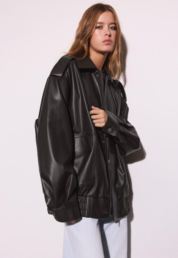 Jachetă de motociclist Oversize cu efect de piele Jachetă de motociclist Oversize cu efect de piele