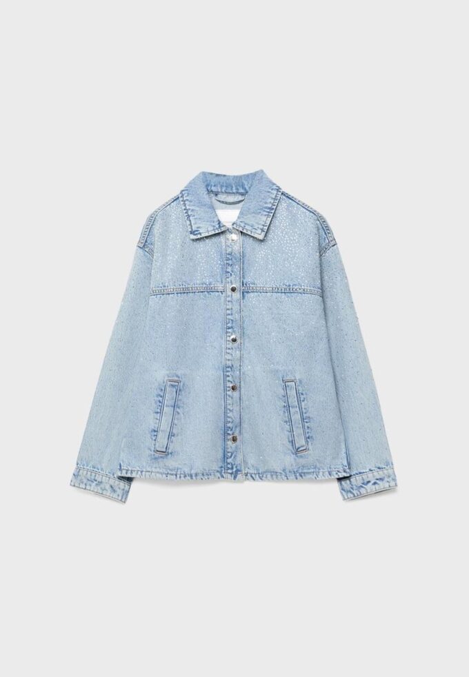 Jachetă din denim cu buzunare aplicate și strasuri Jachetă din denim cu buzunare aplicate și strasuri