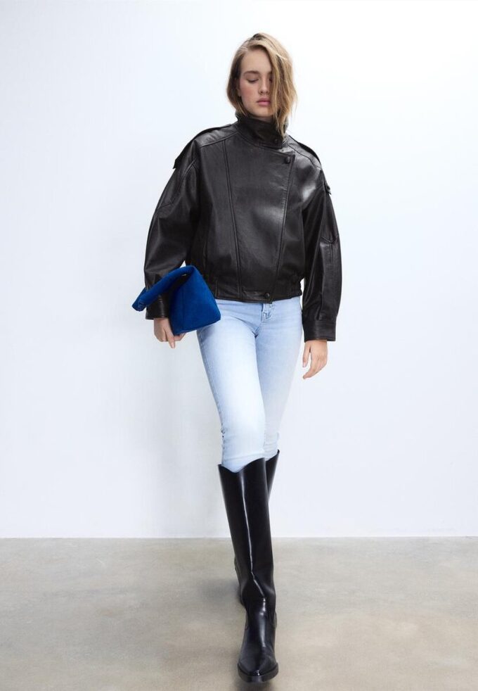 Jachetă oversize cu clapă, 100% piele Jachetă oversize cu clapă, 100% piele
