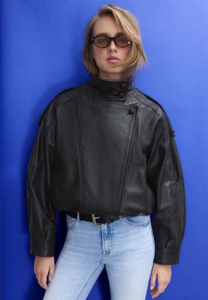 Jachetă oversize cu clapă, 100% piele Jachetă oversize cu clapă, 100% piele