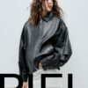 Jachetă oversize cu clapă, 100% piele Jachetă oversize cu clapă, 100% piele