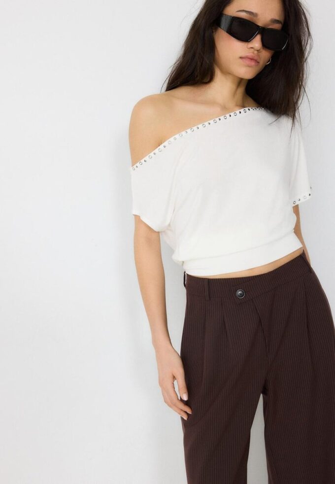 Pantaloni casual eleganți cu dungi și talie încrucișată