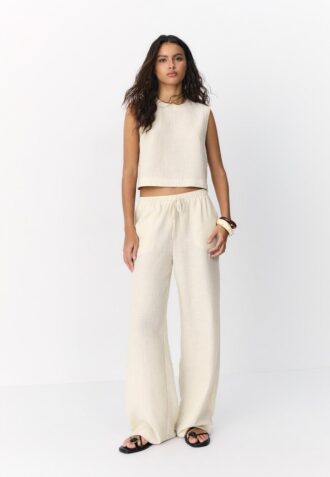 Pantaloni cu efect de in, cu fire metalice fluide