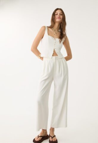 Pantaloni culottes din amestec de in cu pense