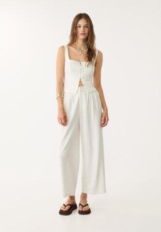 Pantaloni culottes din amestec de in cu pense