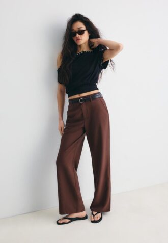 Pantaloni eleganți, drepți, cu croi fluid, cu curea