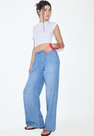 Pantaloni fluizi din denim cu șnur Pantaloni fluizi din denim cu șnur
