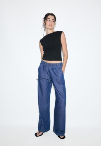 Pantaloni fluizi din denim cu șnur