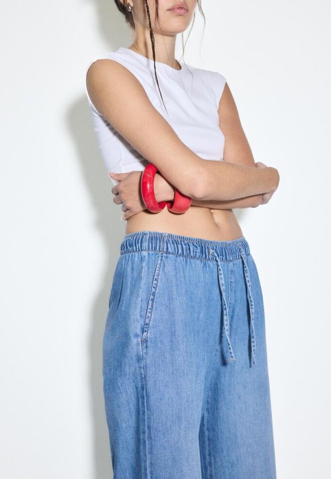 Pantaloni fluizi din denim cu șnur