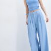 Pantaloni rustici cu croi Wide Leg și nasturi reglabili