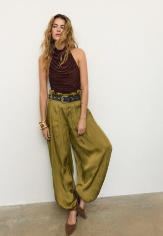 Pantaloni sarouel din satin cu curea