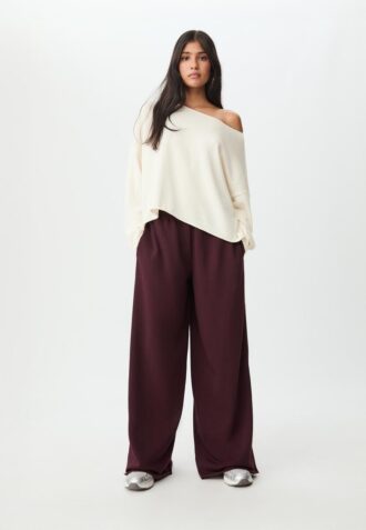 Pantaloni wide leg din pluș cu detalii de bordură