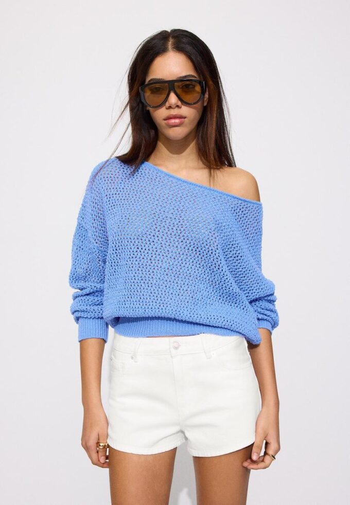 Pulover din tricot cu guler barcă Pulover din tricot cu guler barcă