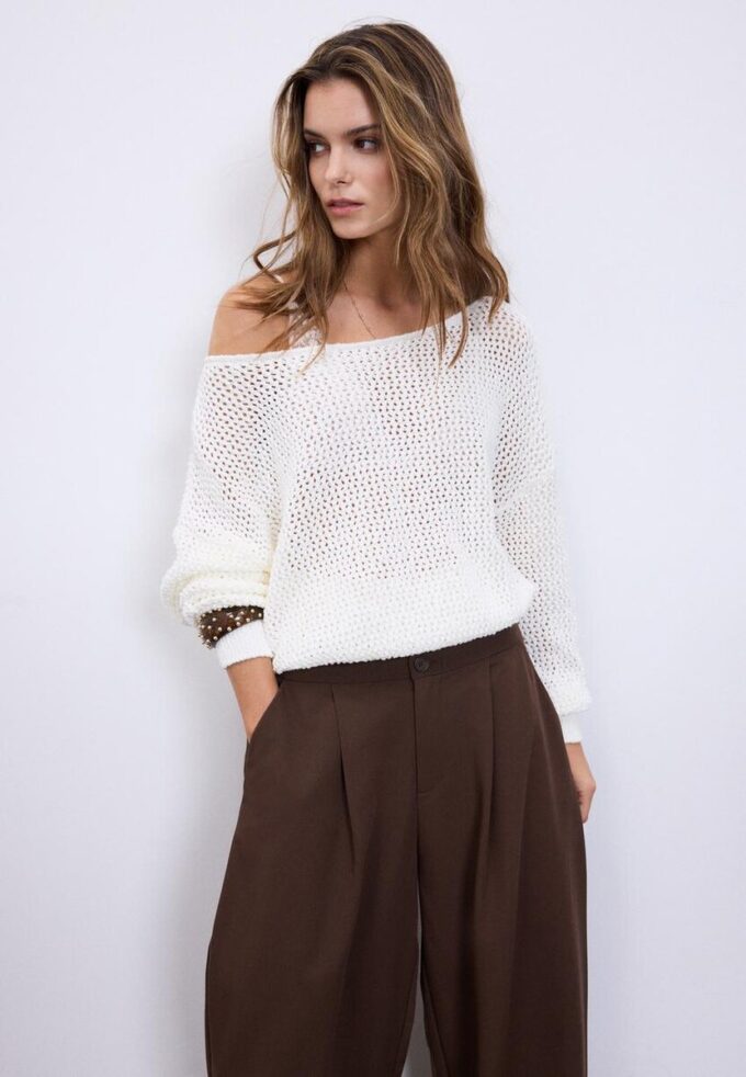 Pulover din tricot cu guler barcă Pulover din tricot cu guler barcă