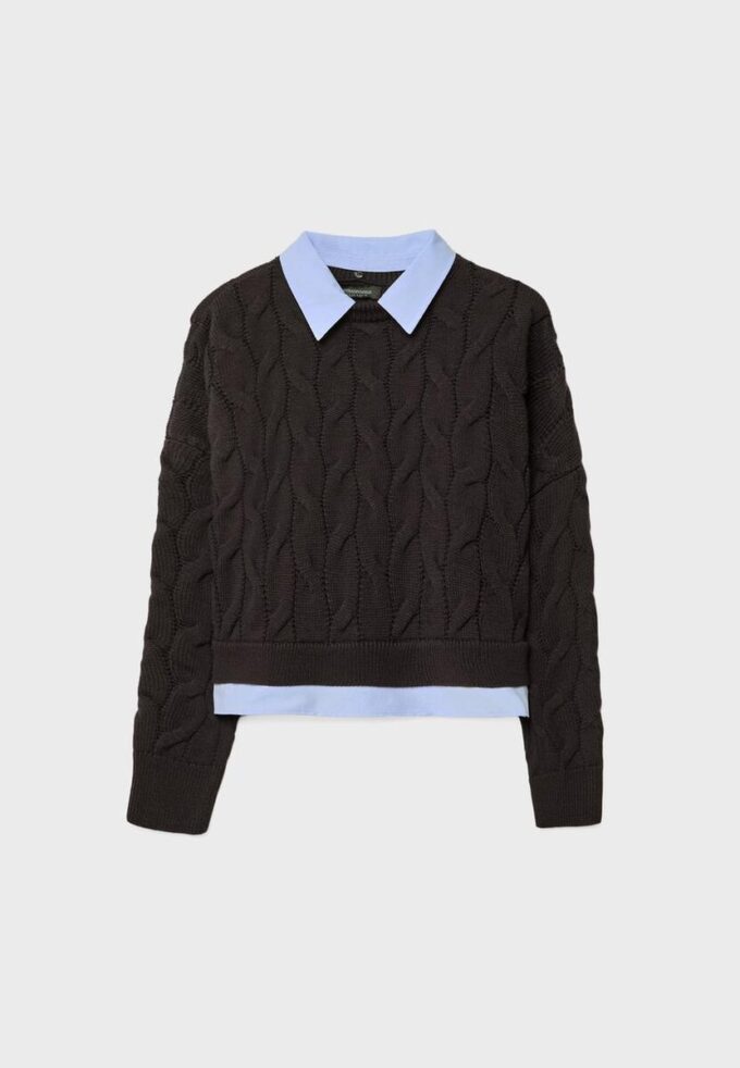 Pulover din tricot din două țesături cu guler detașabil