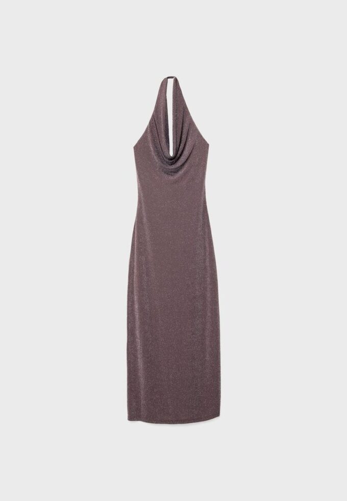 Rochie midi cu gât halter și fire metalice Rochie midi cu gât halter și fire metalice