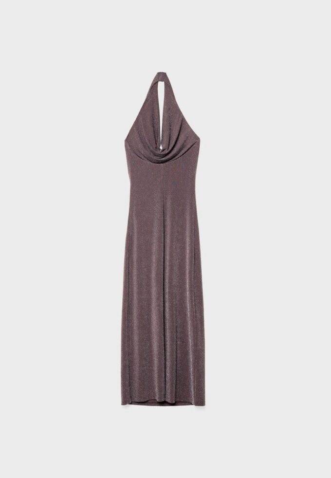 Rochie midi cu gât halter și fire metalice Rochie midi cu gât halter și fire metalice
