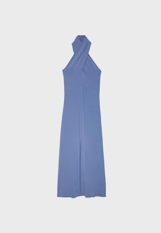 Rochie midi cu gât halter și spate decupat