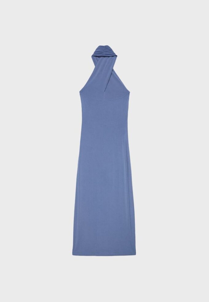 Rochie midi cu gât halter și spate decupat