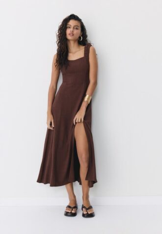 Rochie midi cu spate încrucișat, cu aspect de in Rochie midi cu spate încrucișat, cu aspect de in