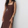 Rochie midi cu spate încrucișat, cu aspect de in