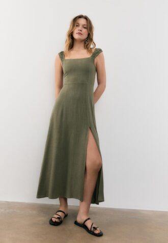 Rochie midi cu spate încrucișat, cu aspect de in Rochie midi cu spate încrucișat, cu aspect de in