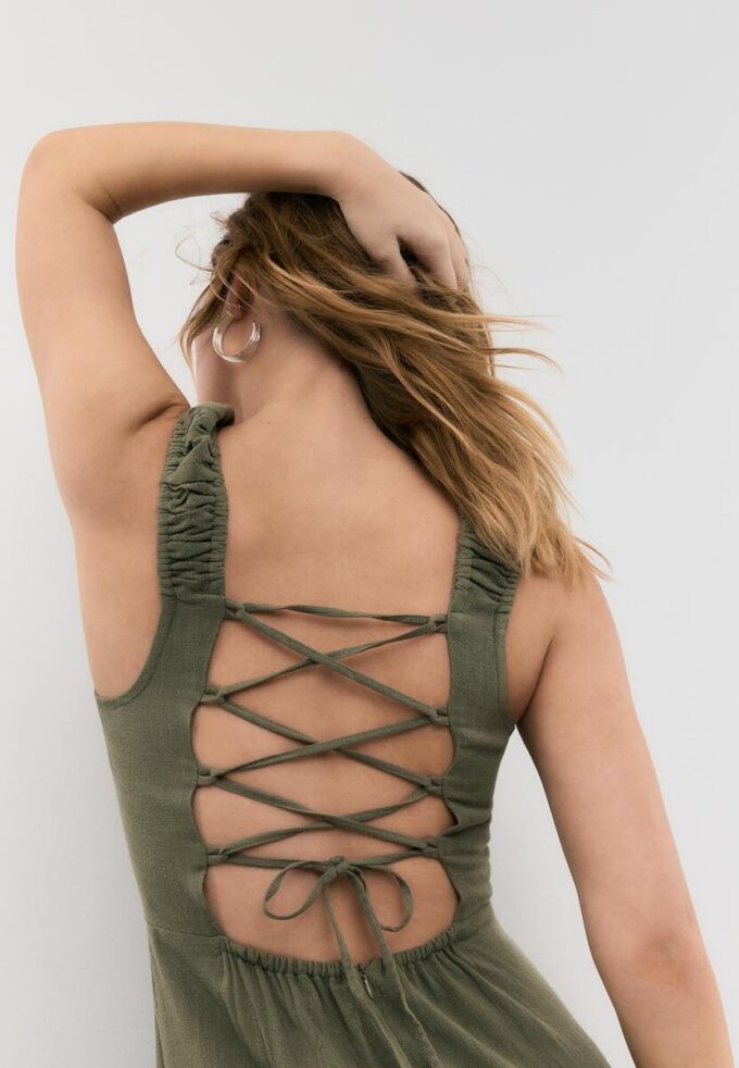 Rochie midi cu spate încrucișat, cu aspect de in Rochie midi cu spate încrucișat, cu aspect de in