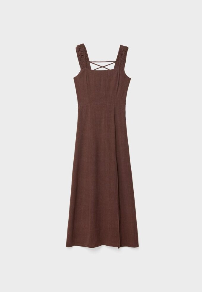 Rochie midi cu spate încrucișat, cu aspect de in