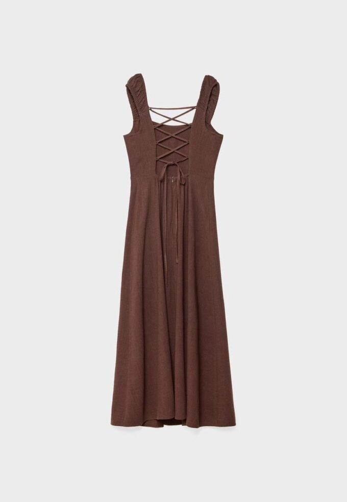 Rochie midi cu spate încrucișat, cu aspect de in