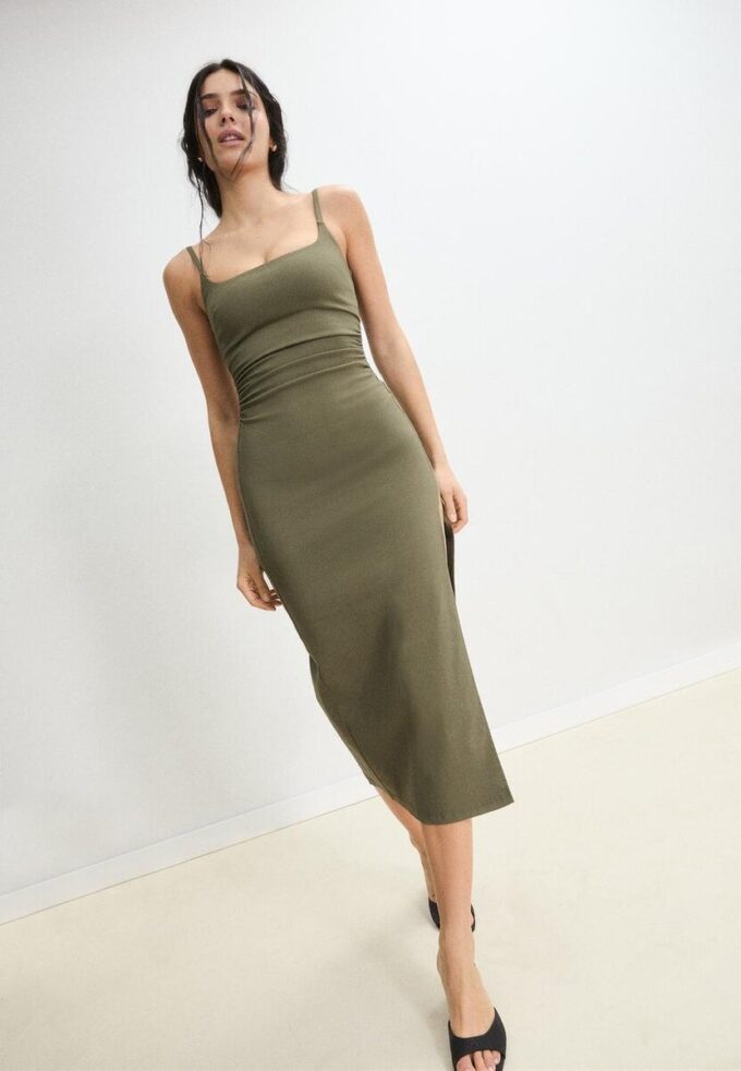 Rochie midi din bengalină cu decolteu pătrat Rochie midi din bengalină cu decolteu pătrat