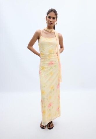 Rochie midi din tul cu imprimeuri și eșarfă