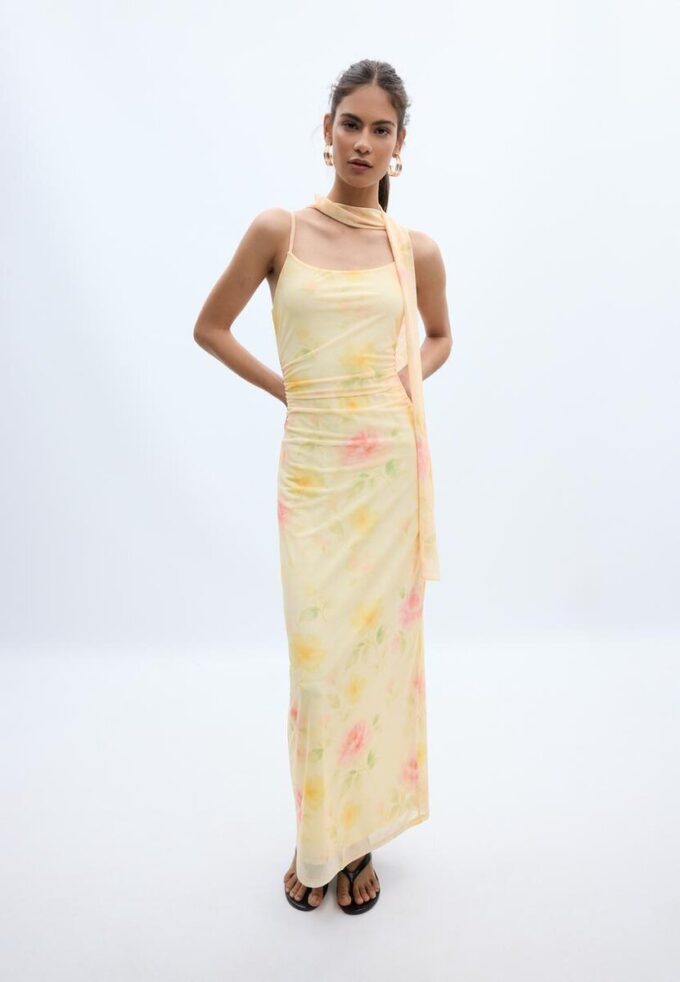 Rochie midi din tul cu imprimeuri și eșarfă Rochie midi din tul cu imprimeuri și eșarfă
