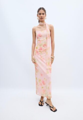 Rochie midi din tul cu imprimeuri și eșarfă
