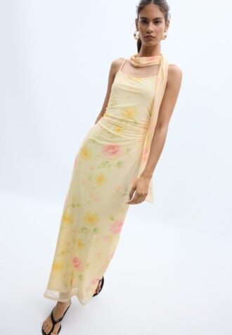 Rochie midi din tul cu imprimeuri și eșarfă