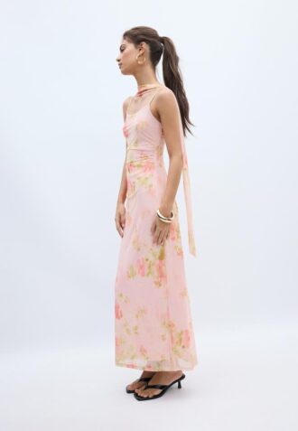 Rochie midi din tul cu imprimeuri și eșarfă