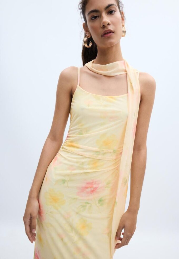 Rochie midi din tul cu imprimeuri și eșarfă Rochie midi din tul cu imprimeuri și eșarfă