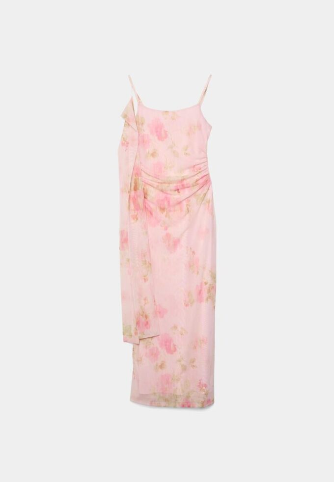 Rochie midi din tul cu imprimeuri și eșarfă