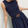 Rochie midi fără mâneci din două materiale, cu curea Rochie midi fără mâneci din două materiale, cu curea