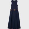 Rochie midi fără mâneci din două materiale, cu curea Rochie midi fără mâneci din două materiale, cu curea