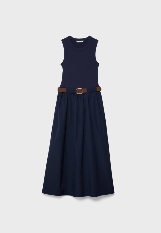 Rochie midi fără mâneci din două materiale, cu curea Rochie midi fără mâneci din două materiale, cu curea