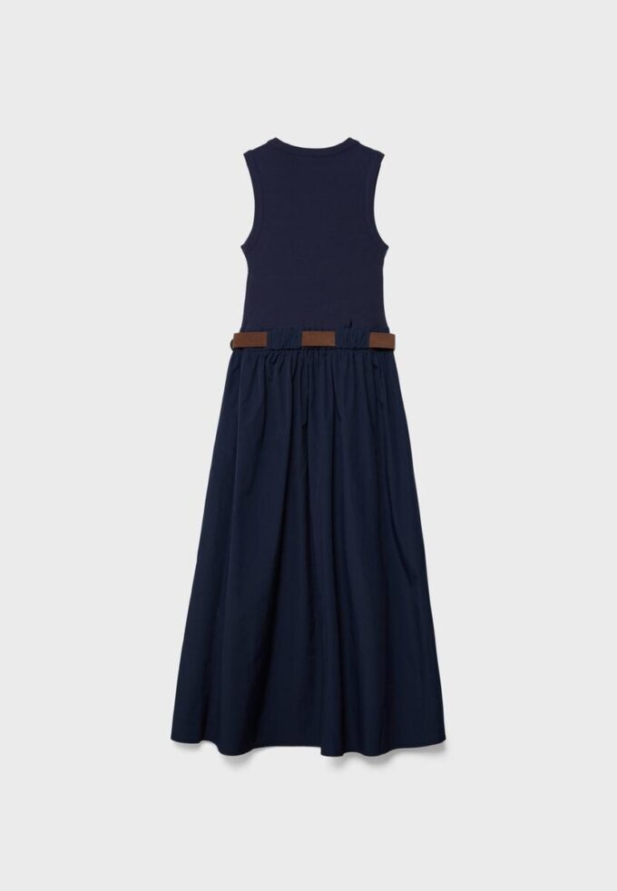 Rochie midi fără mâneci din două materiale, cu curea Rochie midi fără mâneci din două materiale, cu curea