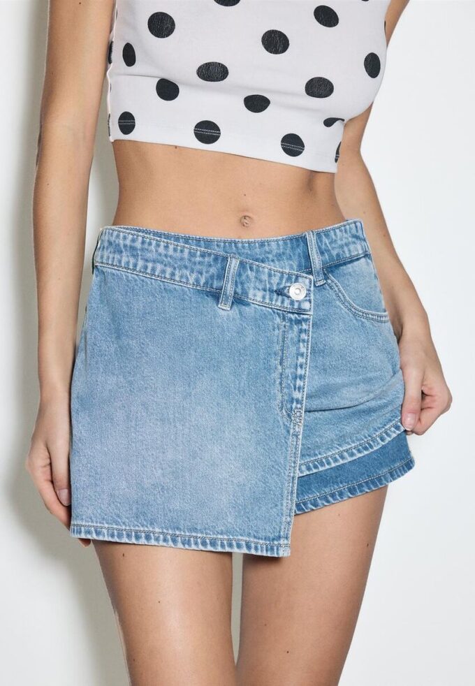 Skort din denim cu încrucișare Skort din denim cu încrucișare