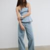 Top bustieră din denim strălucitor